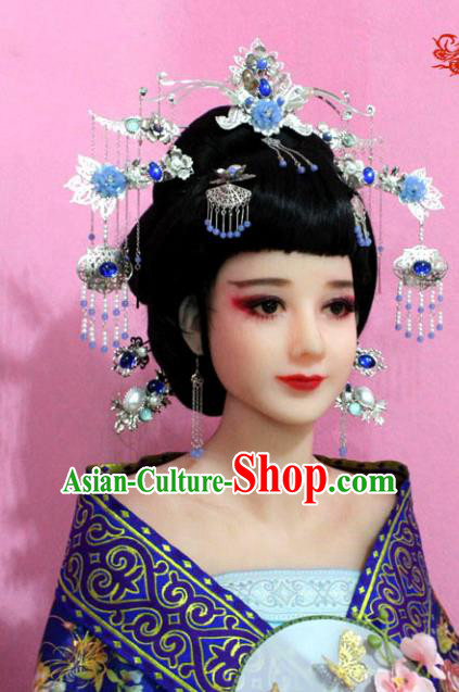 Traditional Handmade Chinese Hair Accessories Bride Wedding Blue Phoenix Coronet Complete Set, Empress Tassel Step Shake Hair Jewellery Hairpins for Women