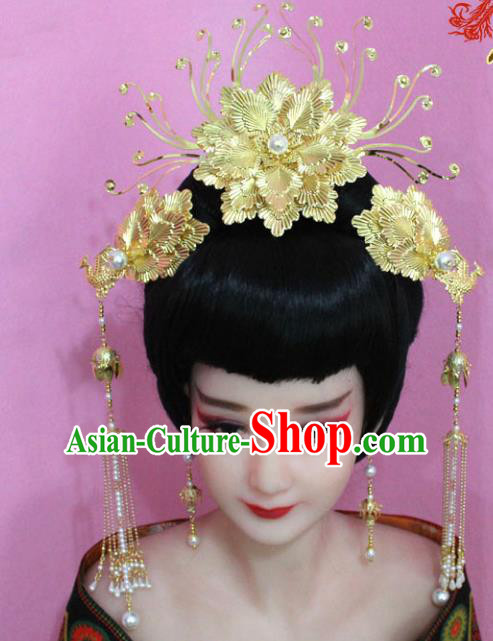 Traditional Handmade Chinese Hair Accessories Palace Lady Golden Peony Phoenix Coronet Complete Set, Xiuhe Suit Princess Step Shake Hairpins for Women