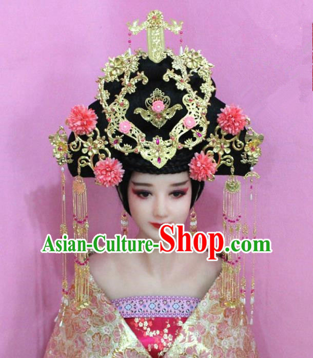 Traditional Handmade Chinese Hair Accessories Palace Lady Empress Phoenix Coronet Complete Set, Xiuhe Suit Tassel Step Shake Hairpins for Women