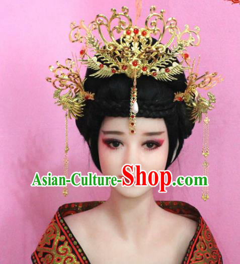 Traditional Handmade Chinese Hair Accessories Palace Lady Empress Phoenix Coronet, Xiuhe Suit Tassel Step Shake Hairpins Complete Set for Women