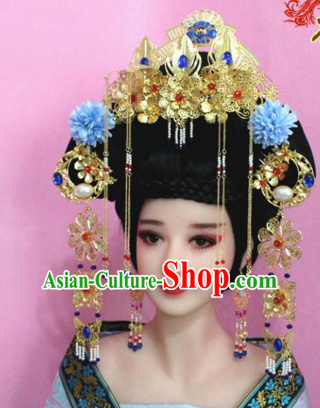 Traditional Handmade Chinese Hair Accessories Palace Lady Empress Phoenix Coronet, Xiuhe Suit Tassel Step Shake Flowers Hairpins for Women