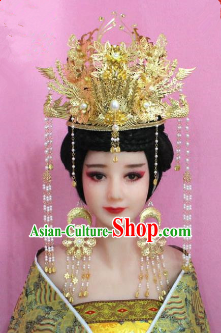 Traditional Handmade Chinese Hair Accessories Palace Lady Empress Golden Phoenix Coronet, Xiuhe Suit Tassel Step Shake Hairpins for Women