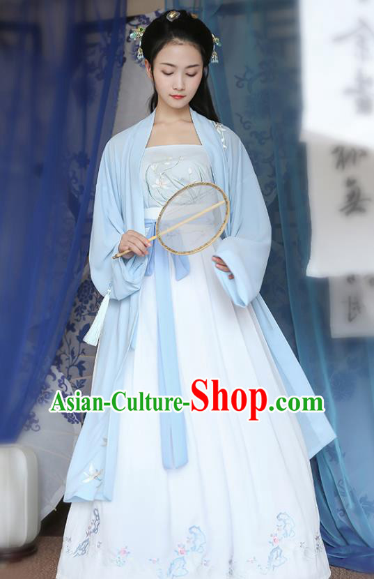 Traditional Chinese Ancient Hanfu Princess Costume Blue Embroidered Cloak, Asian China Song Dynasty Palace Lady Cardigan Clothing for Women