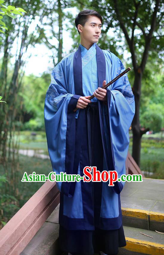 Traditional Chinese Ancient Imperial Bodyguard Costume, Asian China Han Dynasty Swordsman Blue Embroidered Cloak for Men