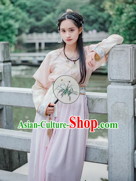 Traditional Chinese Ancient Palace Lady Costume, Asian China Tang Dynasty Royal Princess Embroidered Pink Blouse and Slip Skirts for Women