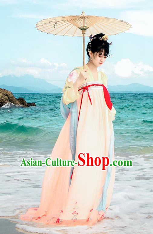 Traditional Chinese Ancient Palace Lady Costume, Asian China Tang Dynasty Princess Embroidered Blouse and Pink Slip Skirts for Women