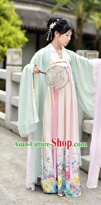 Traditional Chinese Ancient Palace Lady Costume, Asian China Tang Dynasty Princess Embroidered Wide Sleeve Light Green Cardigan for Women