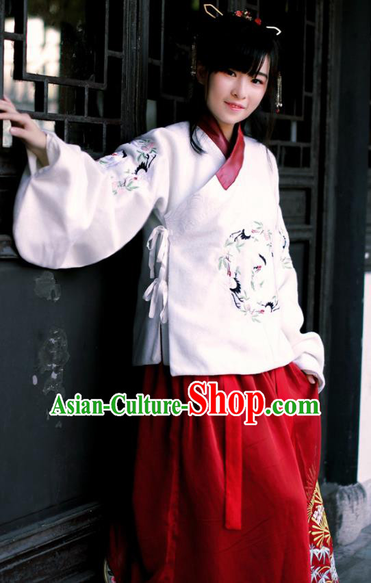 Traditional Chinese Ancient Palace Lady Costume, Asian China Ming Dynasty Princess Embroidered Crane Blouse and Slip Skirt for Women