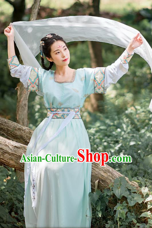 Traditional Chinese Ancient Palace Lady Costume, Asian China Tang Dynasty Princess Embroidered Green Half-Sleeves Slip Skirt for Women
