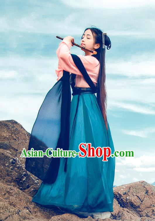 Traditional Chinese Ancient Palace Lady Costume, Asian China Tang Dynasty Princess Embroidered Blouse and Blue Slip Skirt for Women