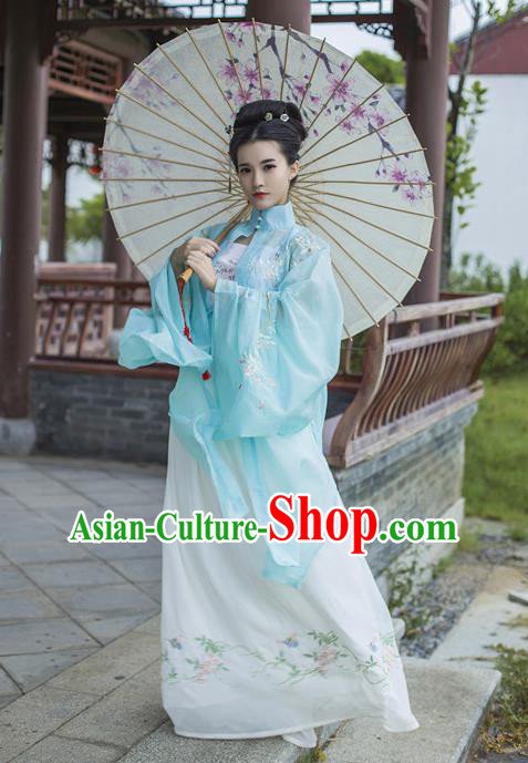 Traditional Chinese Ancient Palace Lady Costume, Asian China Ming Dynasty Princess Embroidered Blue Blouse Cloak for Women