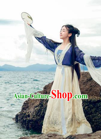 Traditional Chinese Ancient Palace Lady Costume, Asian China Song Dynasty Princess Embroidered Blue Blouse and Skirts for Women