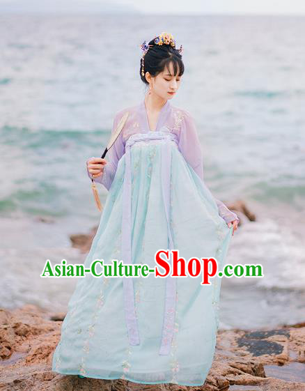 Traditional Chinese Ancient Palace Lady Costume, Asian China Tang Dynasty Princess Embroidered Pink Blouse and Blue Skirts for Women