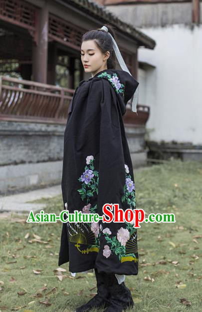 Traditional Chinese Ancient Young Lady Costume Black Cloak, Asian China Ming Dynasty Swordswoman Embroidered Mantle for Women