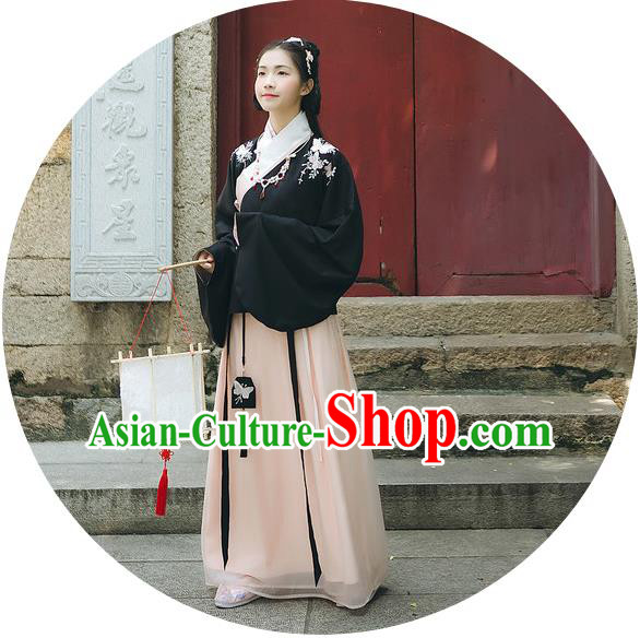Traditional Chinese Ancient Hanfu Princess Costume Black Blouse and Skirts, Asian China Ming Dynasty Young Lady Embroidered Clothing for Women