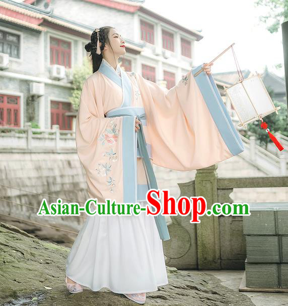 Traditional Chinese Ancient Hanfu Princess Costume Pink Curve Bottom, Asian China Han Dynasty Palace Lady Embroidered Clothing for Women