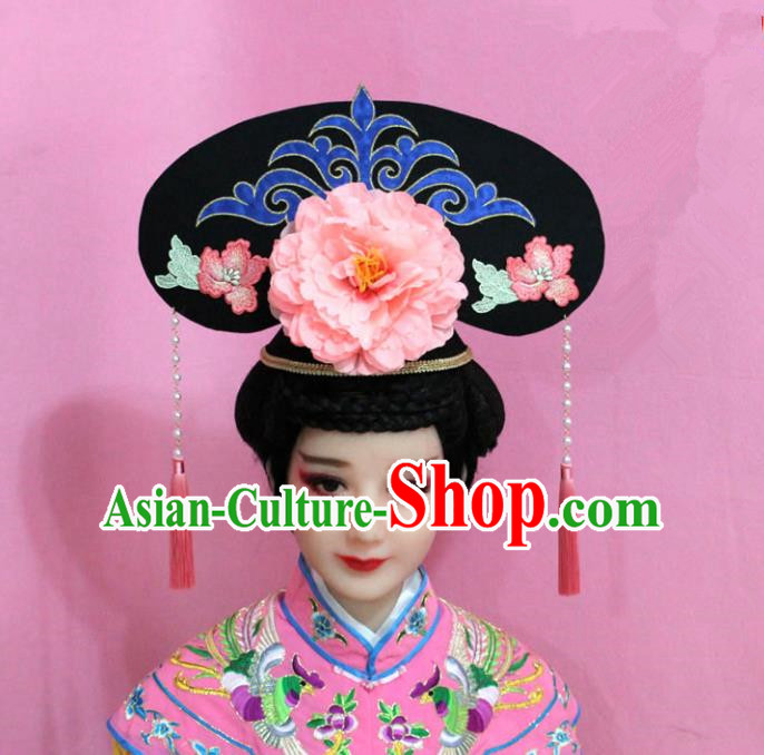 Traditional Handmade Chinese Hair Accessories Qing Dynasty Palace Lady Light Pink Peony Headwear, Manchu Imperial Concubine Hairpins for Women
