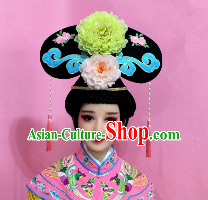 Traditional Handmade Chinese Hair Accessories Qing Dynasty Palace Lady Green Peony Headwear, Manchu Imperial Concubine Hairpins for Women