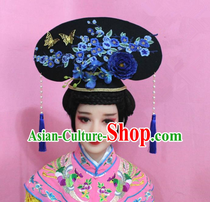 Traditional Handmade Chinese Hair Accessories Qing Dynasty Palace Lady Blue Plum Blossom Headwear, Manchu Imperial Concubine Hairpins for Women
