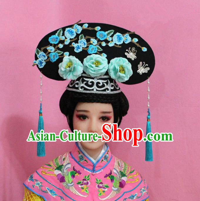 Traditional Handmade Chinese Hair Accessories Qing Dynasty Palace Lady Light Blue Plum Blossom Headwear, Manchu Imperial Concubine Hairpins for Women