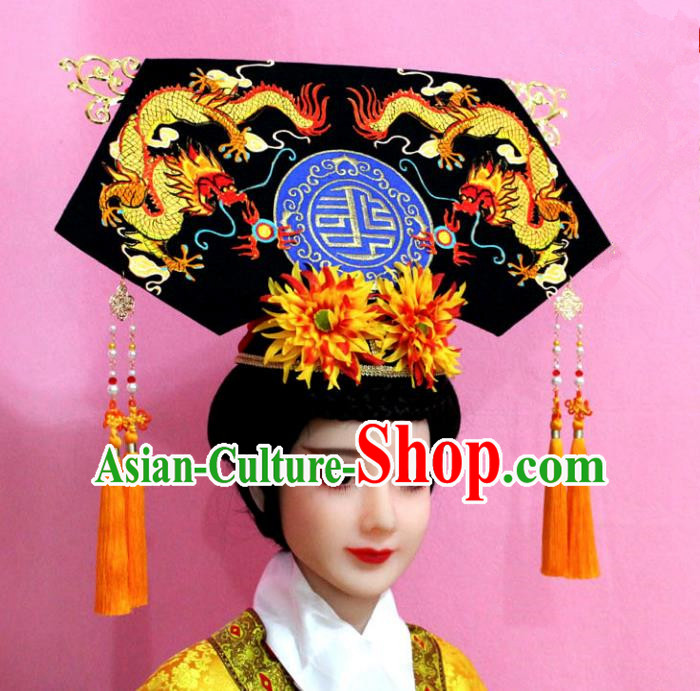 Traditional Handmade Chinese Hair Accessories Qing Dynasty Palace Lady Banners Dragons Headwear, Manchu Imperial Concubine Hairpins for Women