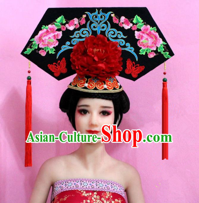 Traditional Handmade Chinese Hair Accessories Qing Dynasty Empress Banners Peony Tassel Headwear, Manchu Imperial Concubine Hairpins for Women