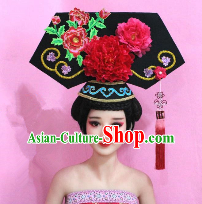 Traditional Handmade Chinese Hair Accessories Qing Dynasty Empress Banners Red Peony Headwear, Manchu Imperial Concubine Hairpins for Women