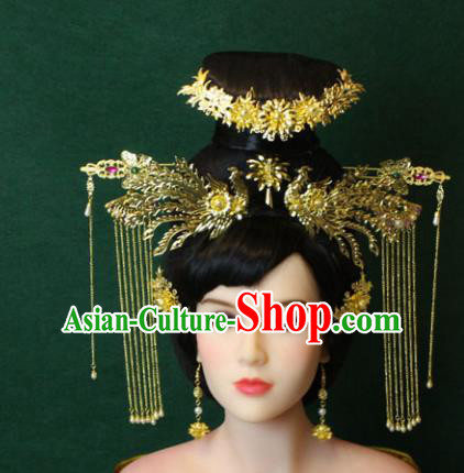 Traditional Handmade Chinese Hair Accessories Empress Wedding Tassel Phoenix Coronet Complete Set, Han Dynasty Princess Step Shake Hairpins for Women