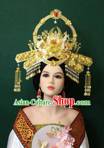 Traditional Handmade Chinese Hair Accessories Empress Tassel Phoenix Coronet Hairpins Complete Set, China Tang Dynasty Princess Headwear for Women