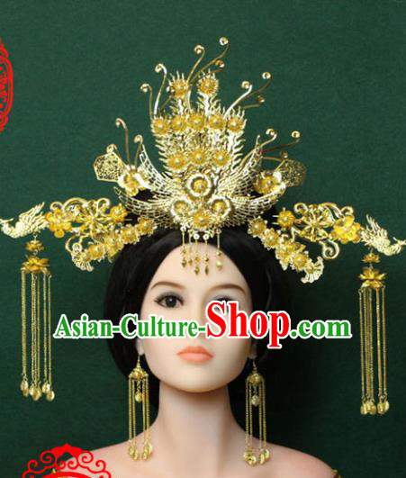 Traditional Handmade Chinese Hair Accessories Tang Dynasty Empress Tassel Hairpins Golden Phoenix Coronet, China Palace Lady Headwear for Women