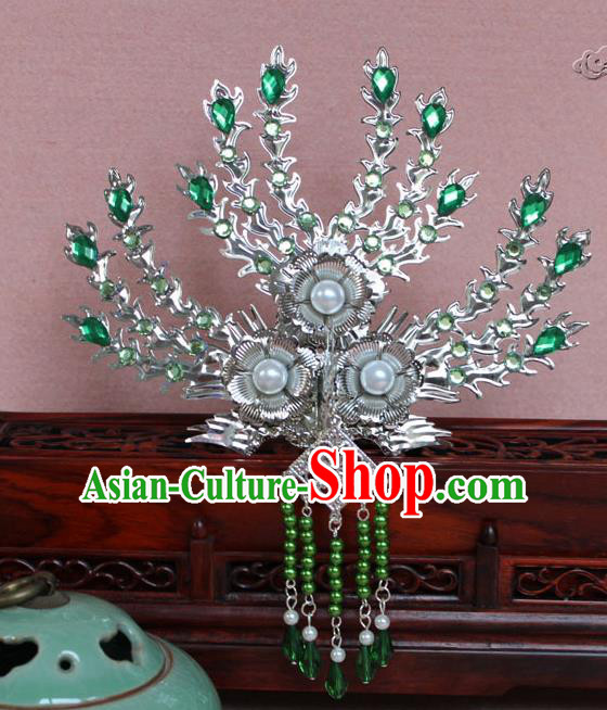 Traditional Handmade Chinese Hair Accessories Princess Green Crystal Phoenix Hairpins, Tang Dynasty Palace Lady Tassel Frontlet Step Shake for Women