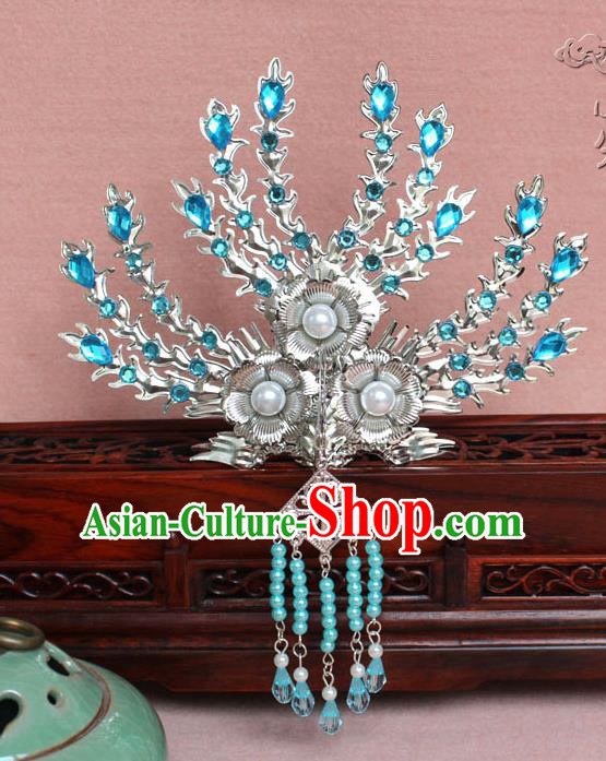 Traditional Handmade Chinese Hair Accessories Princess Blue Crystal Phoenix Hairpins, Tang Dynasty Palace Lady Tassel Frontlet Step Shake for Women