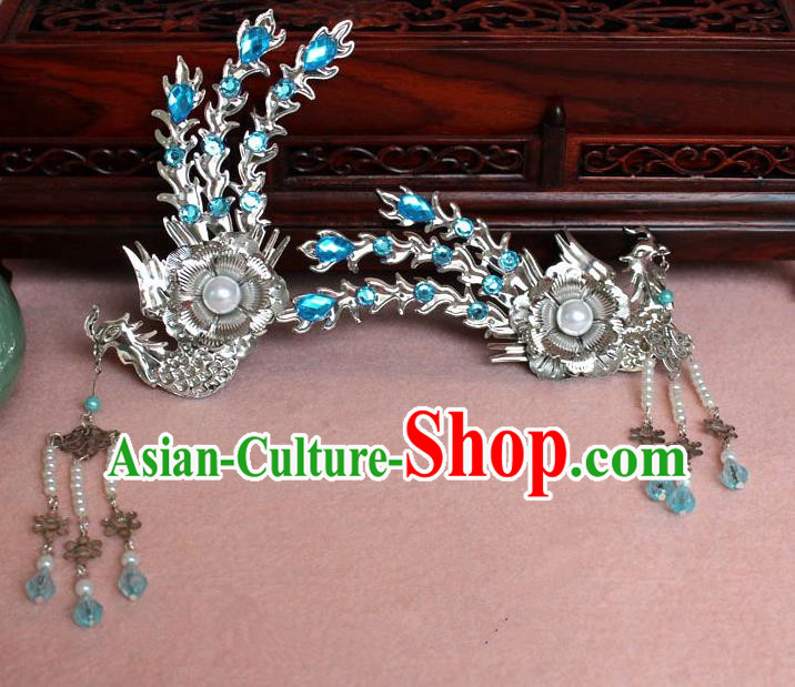 Traditional Handmade Chinese Hair Accessories Princess Blue Phoenix Hairpins, Tang Dynasty Palace Lady Tassel Step Shake for Women