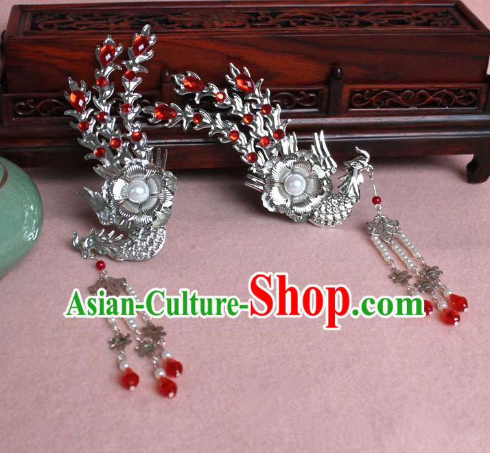 Traditional Handmade Chinese Hair Accessories Princess Red Phoenix Hairpins, Tang Dynasty Palace Lady Tassel Step Shake for Women