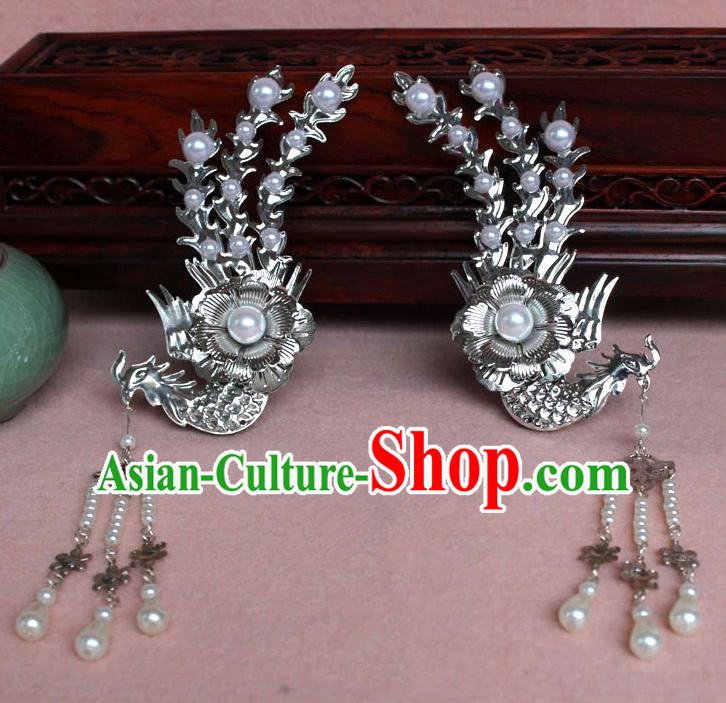 Traditional Handmade Chinese Hair Accessories Princess White Phoenix Hairpins, Tang Dynasty Palace Lady Tassel Step Shake for Women