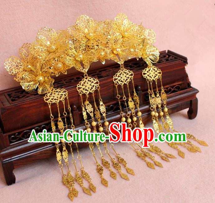 Traditional Handmade Chinese Hair Accessories Princess Golden Phoenix Coronet, Tang Dynasty Palace Lady Tassel Step Shake Hairpins for Women