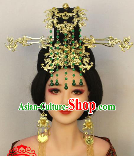 Traditional Handmade Chinese Hair Accessories Tang Dynasty Empress Phoenix Coronet, China Palace Lady Hairpins Green Beads Tassel Headwear for Women