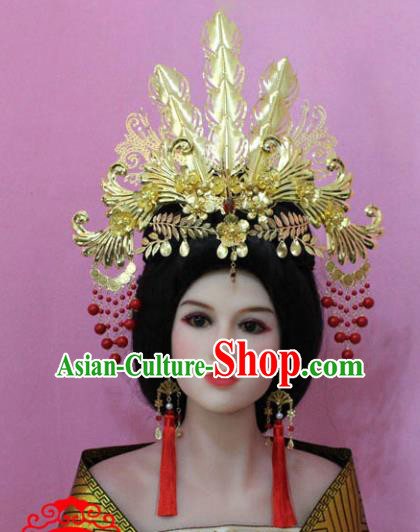 Traditional Handmade Chinese Hair Accessories Empress Golden Phoenix Coronet, China Tang Dynasty Tassel Step Shake Hairpins Complete Set for Women