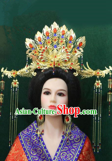 Traditional Handmade Chinese Hair Accessories Big Phoenix Coronet Complete Set, China Tang Dynasty Phoenix Tassel Hairpins for Women