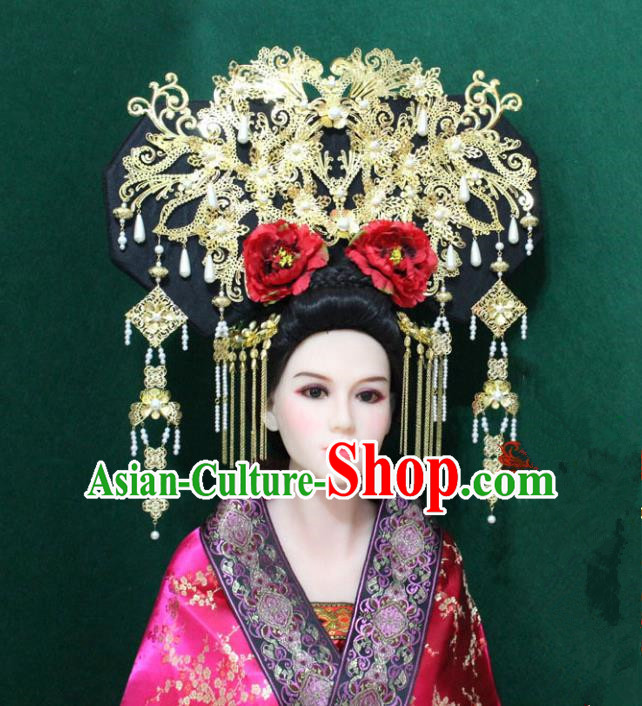 Traditional Handmade Chinese Hair Accessories Manchu Empress Phoenix Coronet, China Qing Dynasty Peony Tassel Hairpins for Women