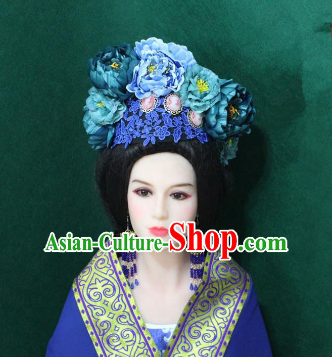 Traditional Handmade Chinese Hair Accessories Blue Lace Flowers Phoenix Coronet, China Tang Dynasty Tassel Hairpins Complete Set for Women