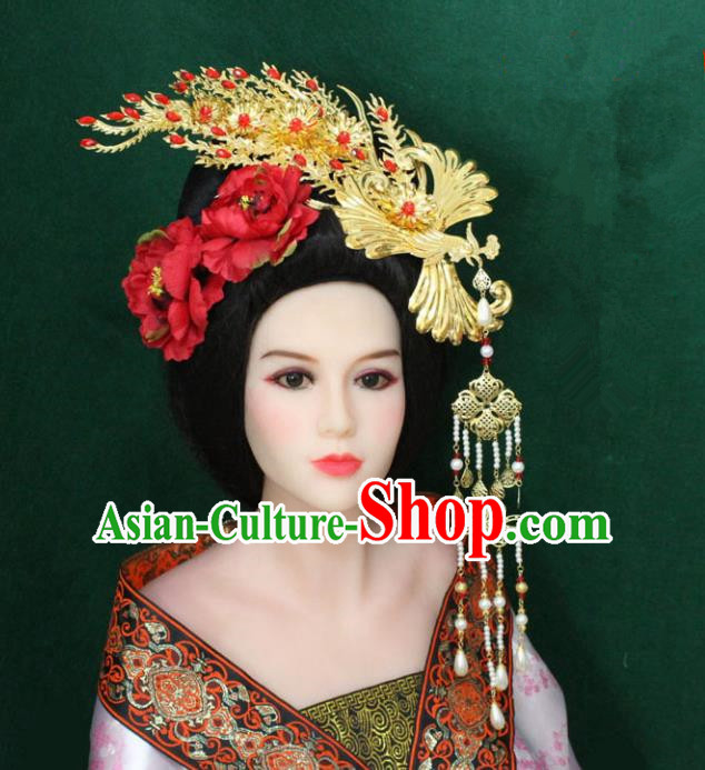 Traditional Handmade Chinese Hair Accessories Tang Dynasty Empress Phoenix Coronet, China Ancient Tassel Peony Hairpins Complete Set for Women
