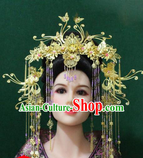 Traditional Handmade Chinese Hair Accessories Tang Dynasty Phoenix Coronet, Royal Princess Wedding Hairpins Complete Set for Women