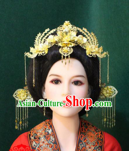Traditional Handmade Chinese Hair Accessories Tang Dynasty Butterfly Phoenix Coronet, Royal Princess Tassel Hairpins Complete Set for Women