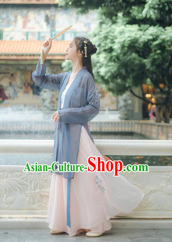 Traditional Chinese Ancient Hanfu Young Lady Costume, Asian China Song Dynasty Princess Embroidery Blouse and Pants Complete Set