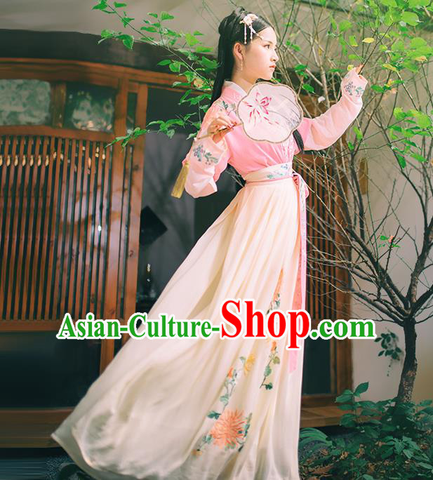 Asian China Han Dynasty Hanfu Costume Traditional Chinese Princess Embroidery Pink Dress Clothing Complete Set