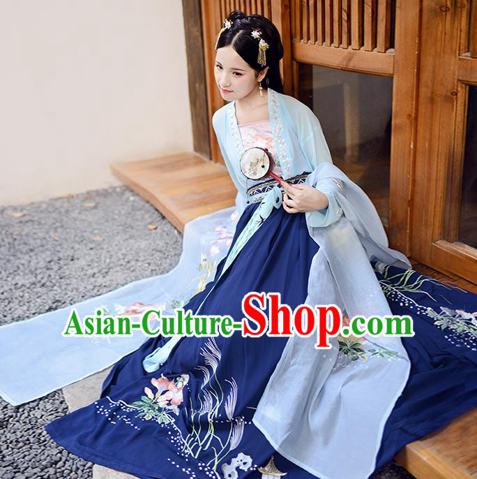 Asian China Ancient Tang Dynasty Hanfu Costume, Traditional Chinese Princess Embroidered Blue Blouse and Skirts for Women