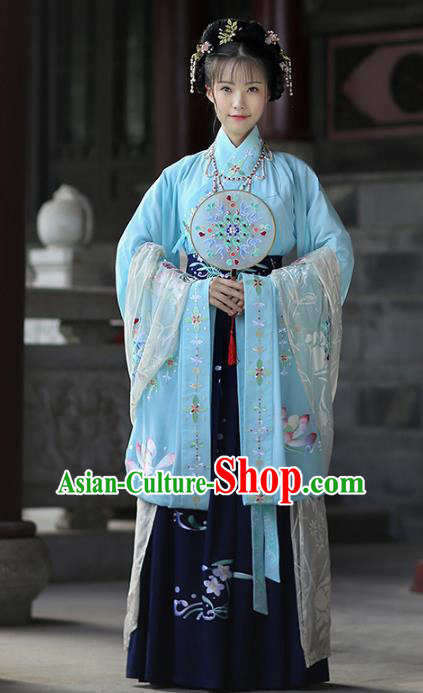 Asian China Ancient Ming Dynasty Palace Lady Costume Blouse and Skirts, Traditional Chinese Princess Printing Embroidered Clothing for Women