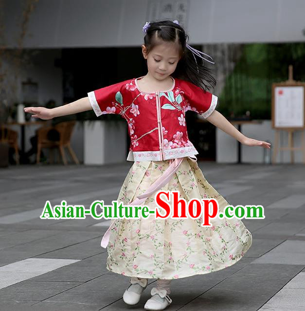 Traditional Chinese Ancient Hanfu Princess Costume Embroidered Red Blouse and Red Skirt, Asian China Ming Dynasty Palace Lady Clothing for Kids
