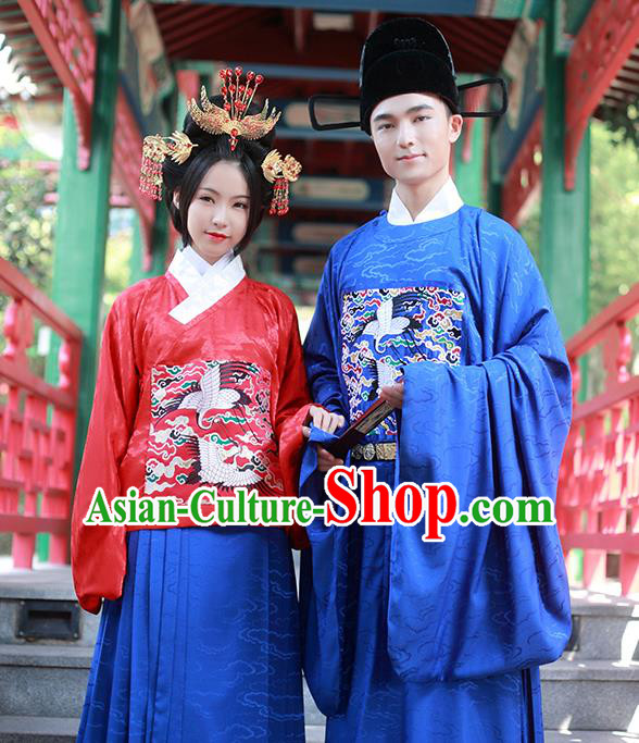 Asian Chinese Ming Dynasty Wedding Costume Complete Set, Ancient China Bride and Bridegroom Embroidered Clothing for Women for Men